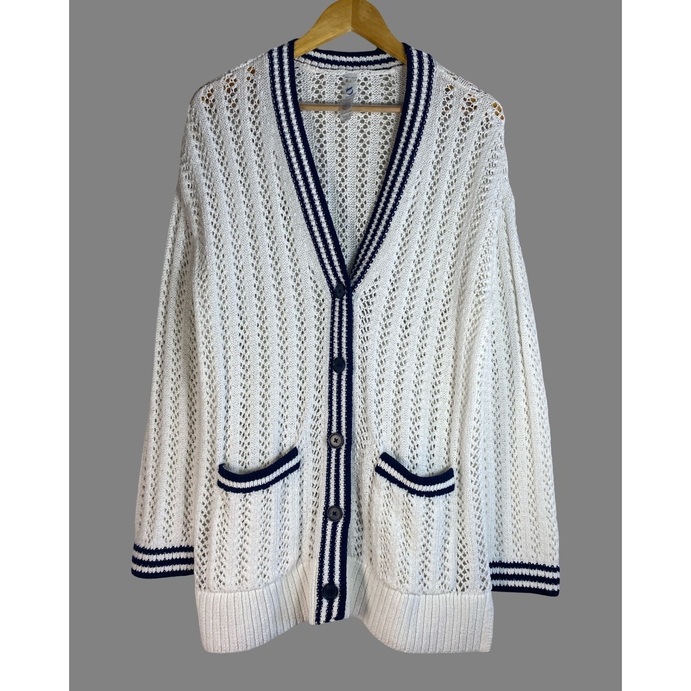 Lou & Grey Womens M White Pointelle Knit Varsity Cardigan‎ Navy Striped V-Neck